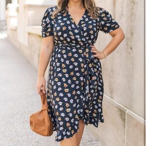 The Drop Women's Navy Floral Print Wrap Front Midi